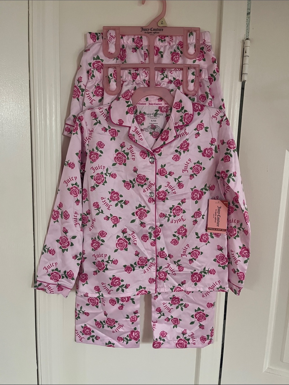 Juicy Couture Pink Rose Print Girls 3 Piece Pajama Set